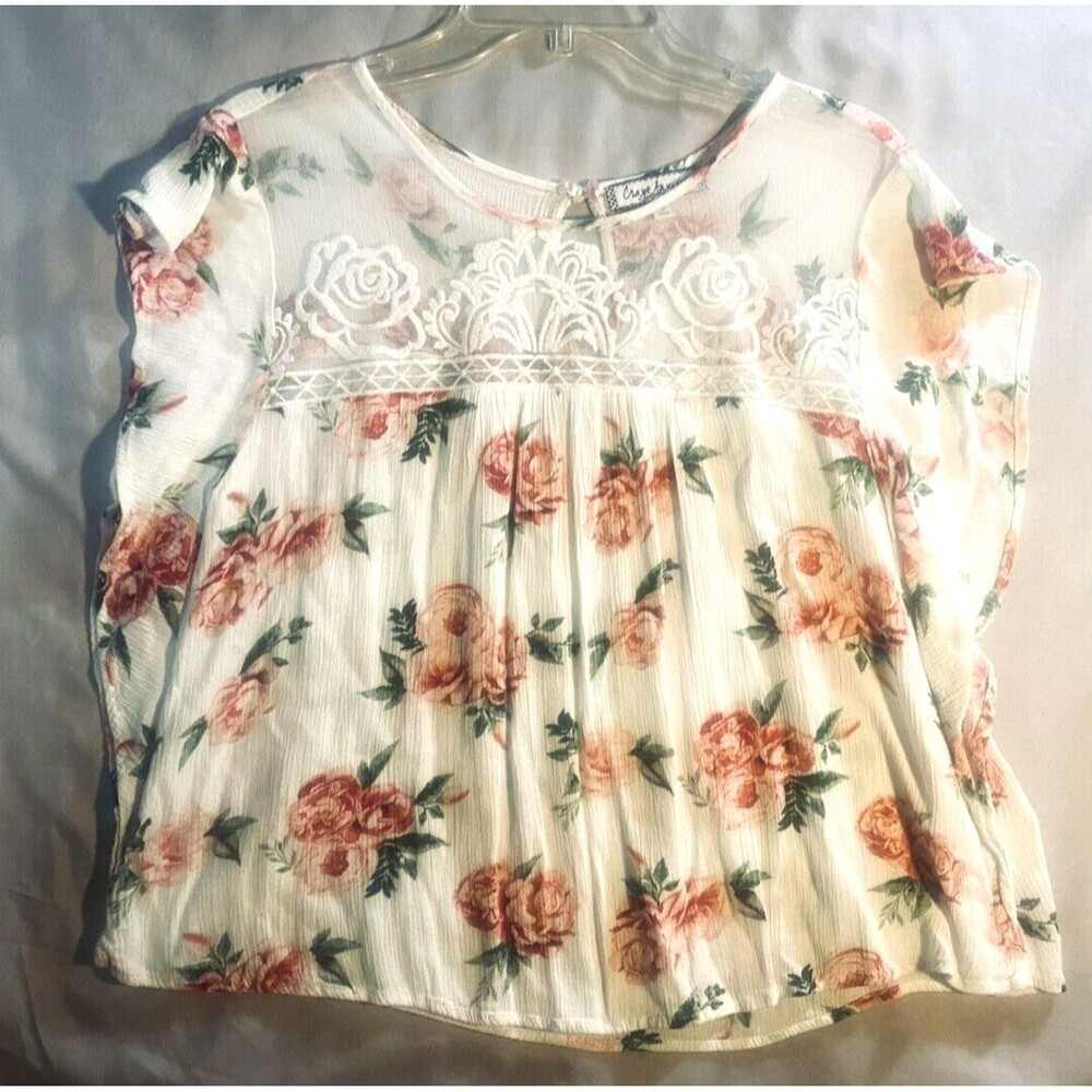 Crave Fame Semi Sheer Crop Top Womens L White Lace Multicolor Floral Kimono Slv